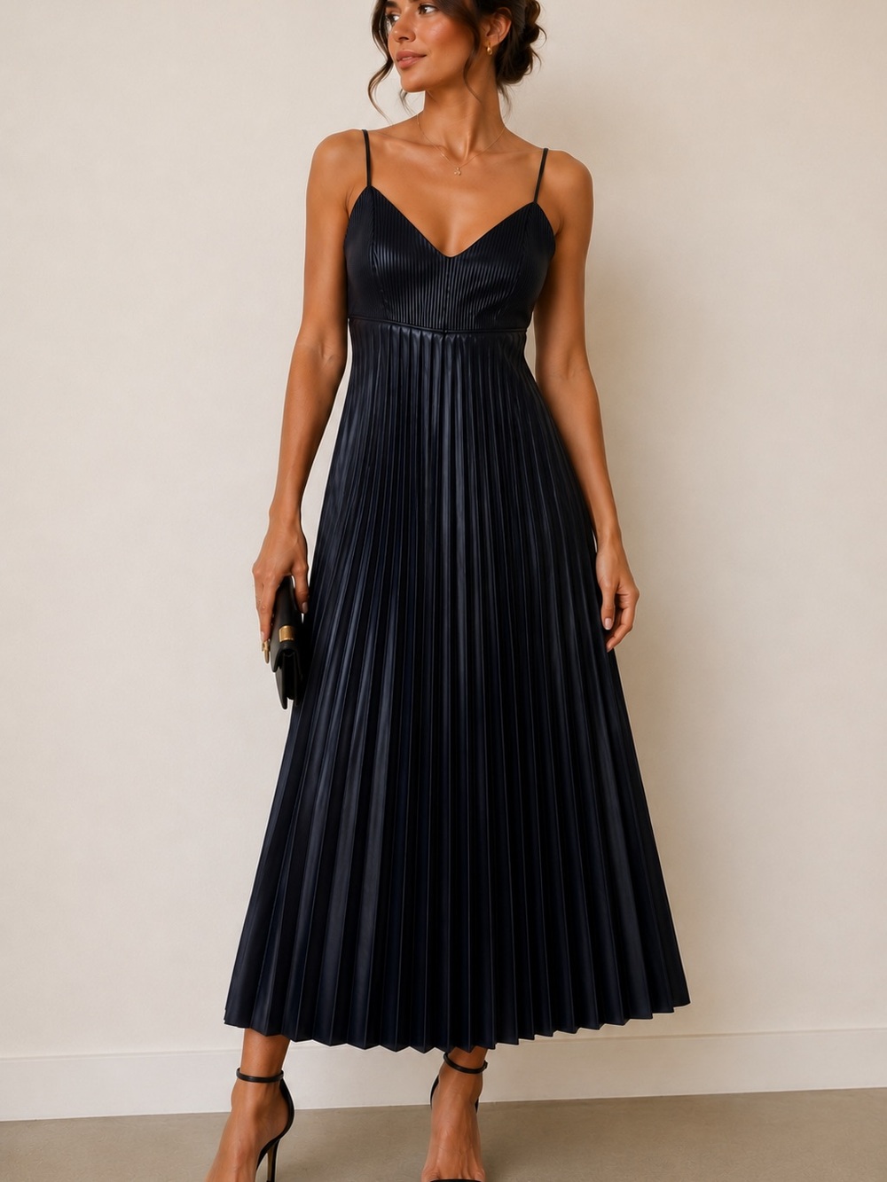 Banana Republic Black Pleated Midi Dress with Spaghetti Straps